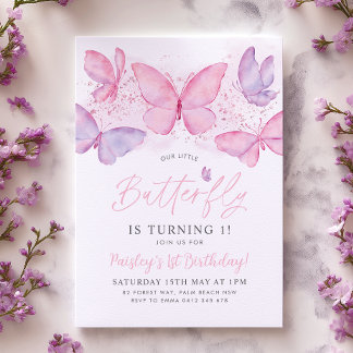 Papillon 1er anniversaire Invitation Pink Purple G
