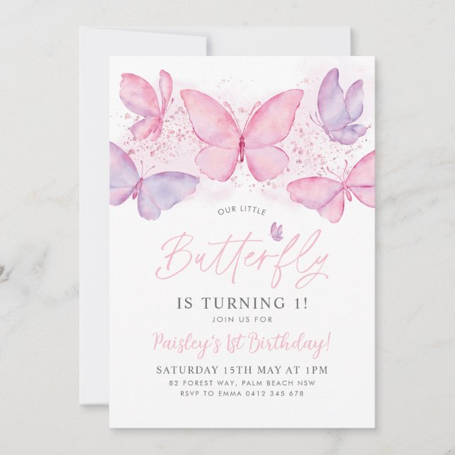 Papillon 1er anniversaire Invitation Pink Purple G (Devant)