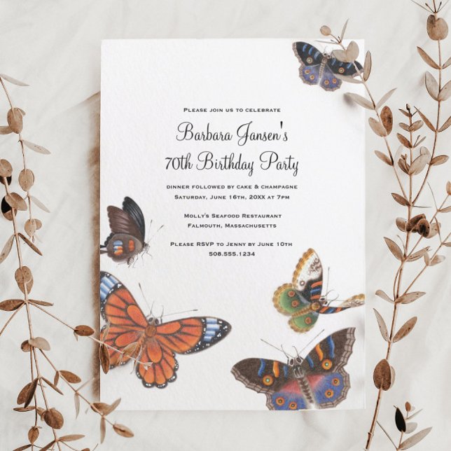 Papillon 70e anniversaire de fête Invitation (These elegant butterfly 70th birthday party invitations are perfect for a gardener)