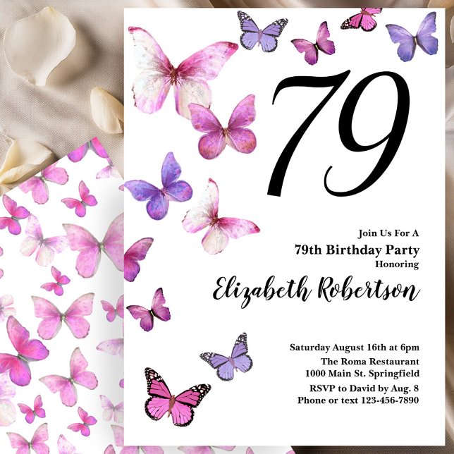 Papillon 79e anniversaire Invitation en rose /pour (Créateur téléchargé)