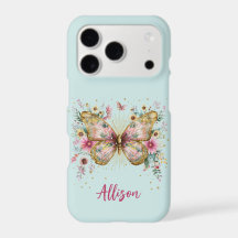 Papillon à nom personnalisé floral rose et ailes d