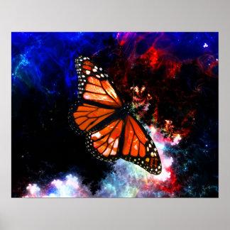 Papillon abstrait bleu foncé fractales Poster
