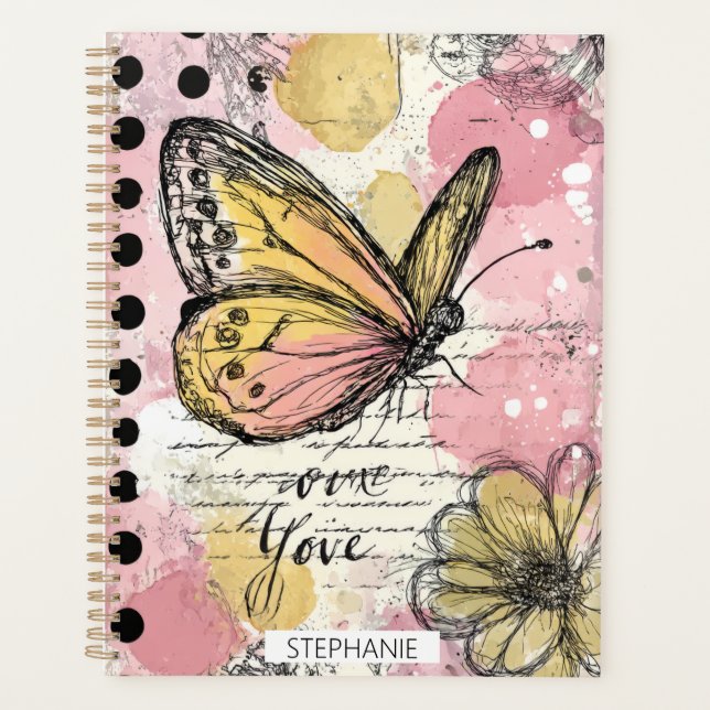 Papillon aquarelle rose or boho art de la nature ( (Devant)