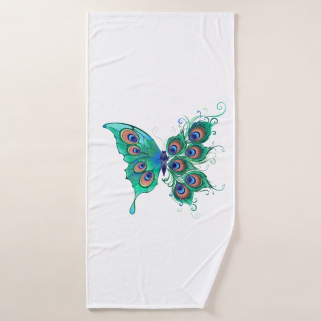 Papillon aux plumes de paon vert (Serviette de bain)