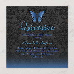 Papillon bleu et Damask Quinceanera Invitation