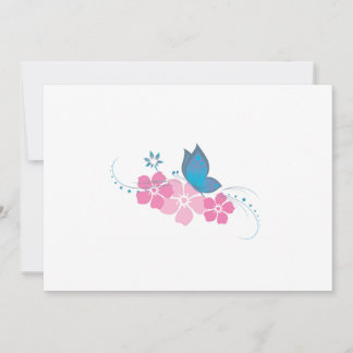 papillon bleu, fleurs roses