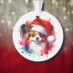 Papillon Chien à Santa Hat Noël Personnalisé<br><div class="desc">Chien chiot de Papillon mignon personnalisé ornement de Noël. Si vous possédez un Papillon cette photo d'aquarelle douce est parfaite!</div>