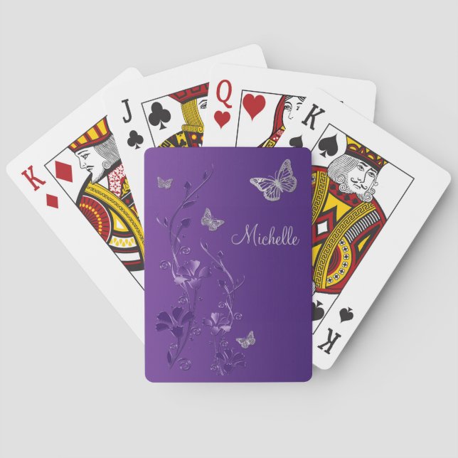 Papillon d'argent violet Floral Cartes de jeu (dos)