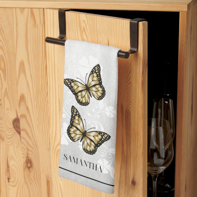 Papillon d'or Floral serviette de cuisine (Pliage en tiers)