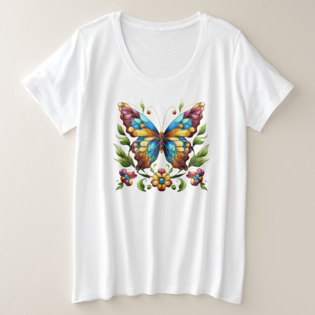 Papillon en vitrail coloré avec fleurs (Design devant)