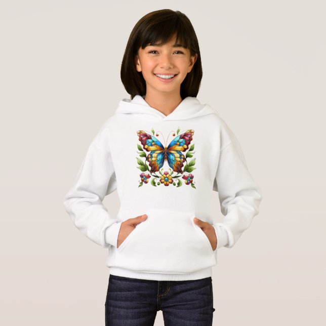 Papillon en vitrail coloré avec fleurs (Devant entier)