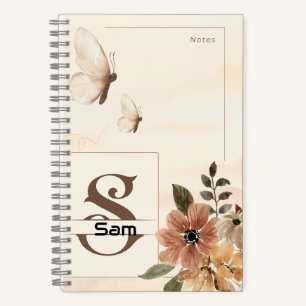 Papillon et Carnet spiral floral avec S initial
