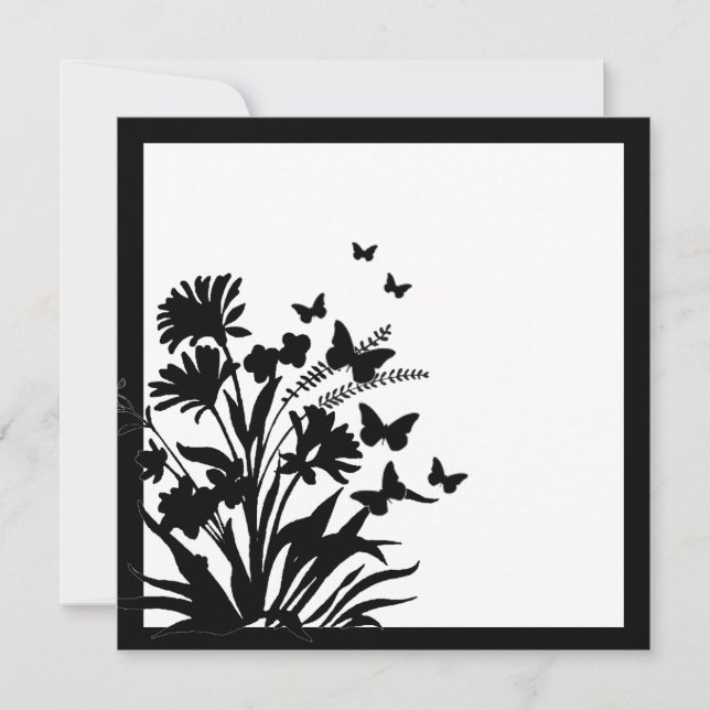 Papillon floral blanc noir invitations simples (Devant)