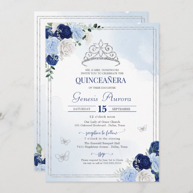 Papillon Floral Rose Quinceañera Invitation (Devant / Derrière)