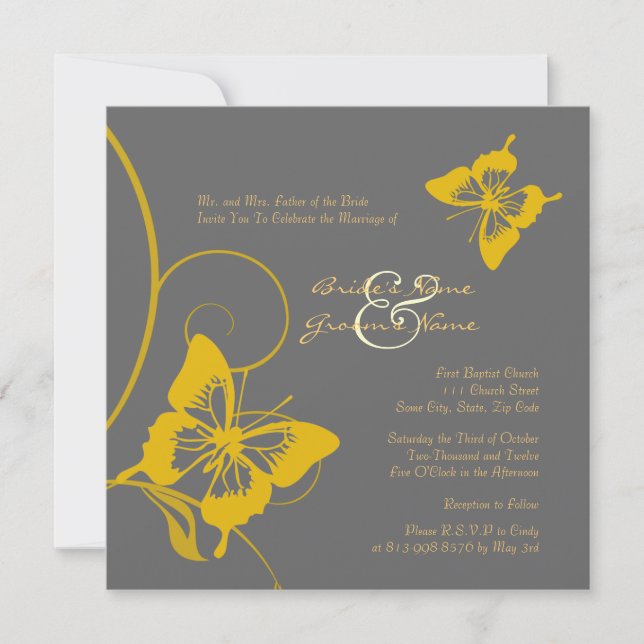 Papillon gris et jaune Faire-part de mariage (Devant)