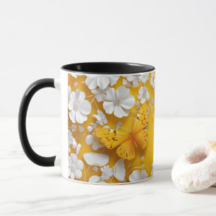 Papillon jaune avec petite tasse de fleurs blanche