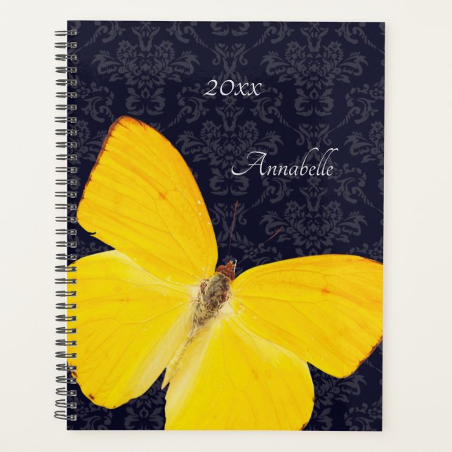 Papillon jaune élégant Black Damask Ajouter un nom (Devant)