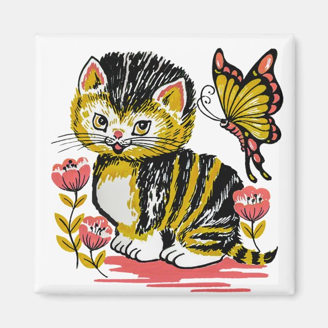 Papillon Kitten Magnet de réfrigérateur Carré de 2 (Devant)