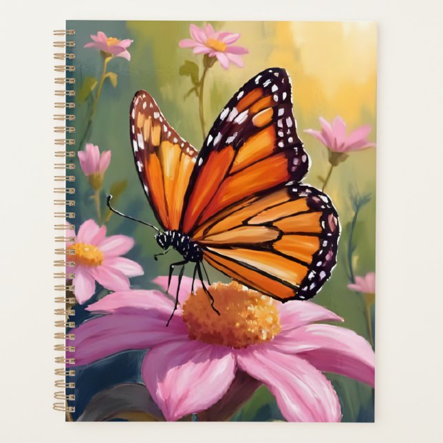 Papillon Monarque Fleur Rose Peinture Florale (Devant)