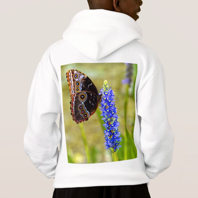Papillon morpho bleu sur T-shirt orchidée marécage (Dos)