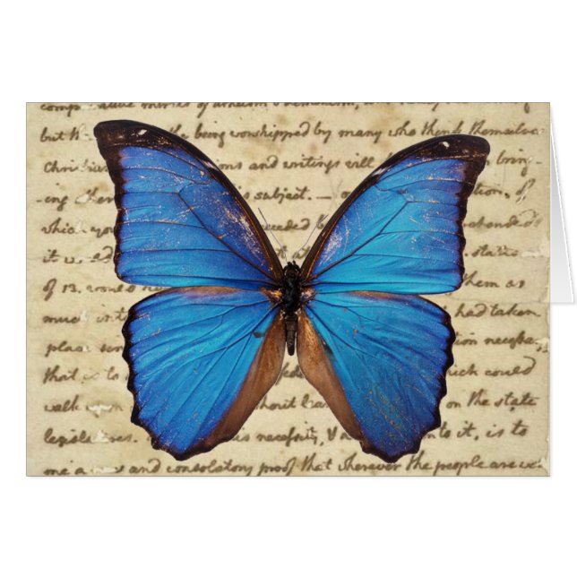 Papillon Morpho sur carte de note manuscrite Vinta (Devant Horizontal)