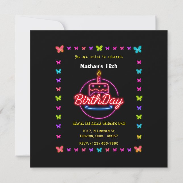 Papillon néon avec carte d'anniversaire de gâteau (Devant)
