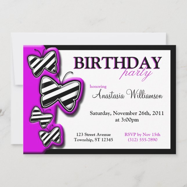 Papillon noir et blanc violet Invitations d'annive (Devant)