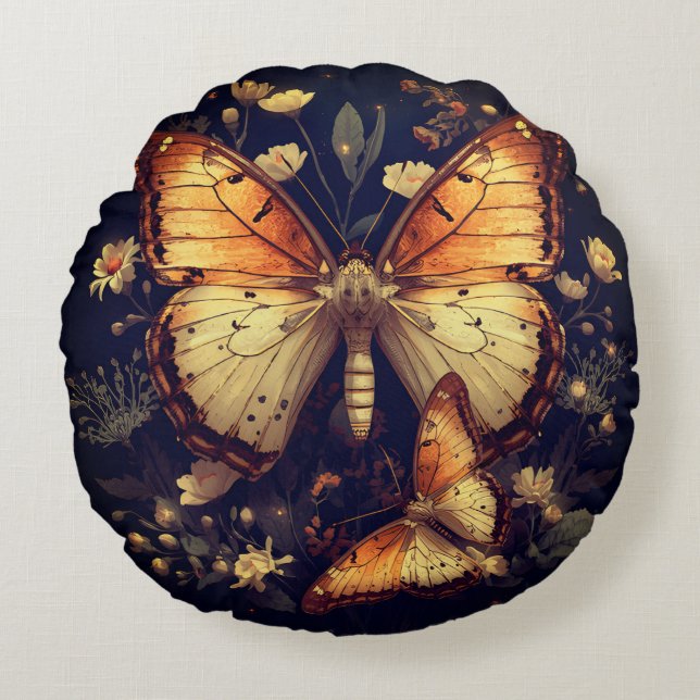 Papillon noir et or Coussin rond (Devant)