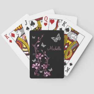Papillon noir Mauve Argent Floral Cartes de jeu