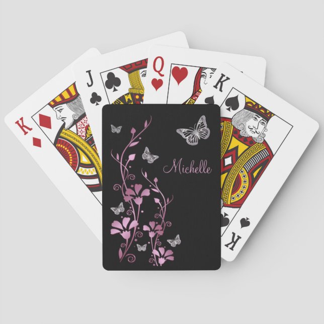Papillon noir Mauve Argent Floral Cartes de jeu (dos)
