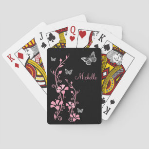 Papillon noir rose argent fleuri Cartes de jeu