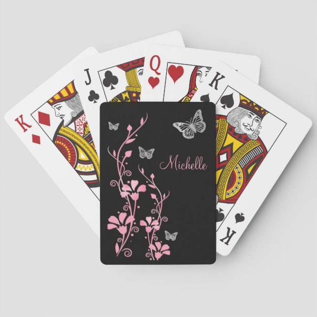 Papillon noir rose argent fleuri Cartes de jeu (dos)
