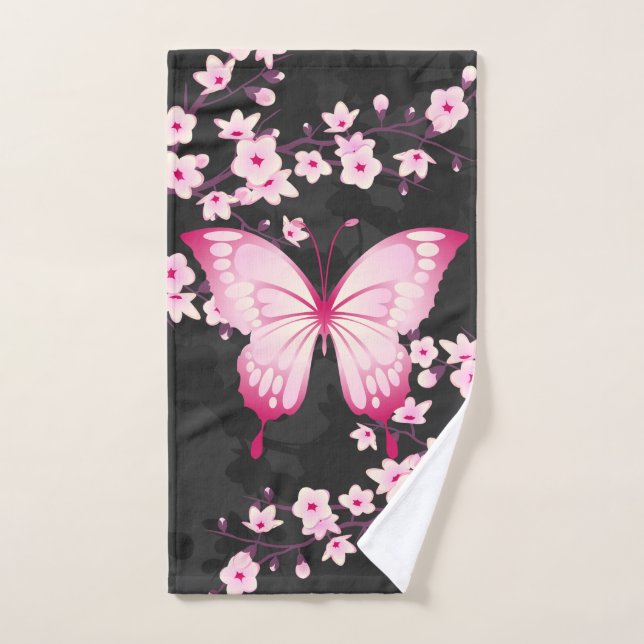 Papillon Noir Rose Et Fleurs De Cerisiers (Serviette à main)