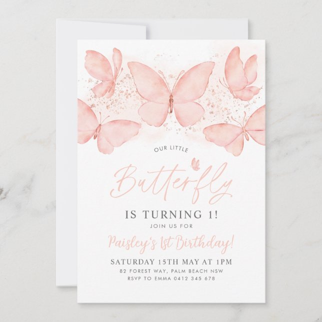 Papillon Pêche 1er anniversaire Invitation Bébé Fi (Devant)