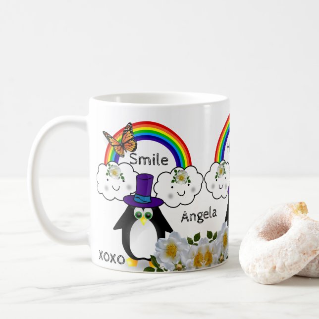 Papillon pingouin arc-en-ciel nuages Mug (Avec donut)