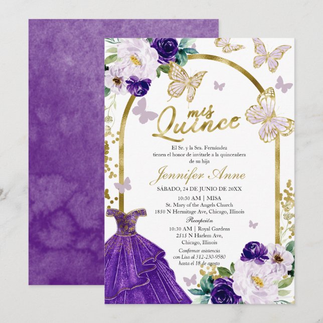 Papillon pourpre espagnol Quinceanera Invitations (Devant / Derrière)