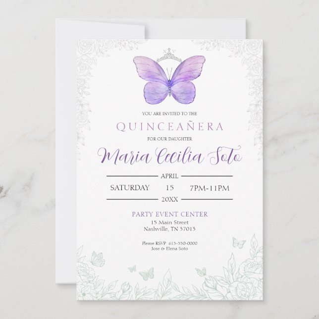 Papillon Quinceañera Invitation d'anniversaire (Devant)