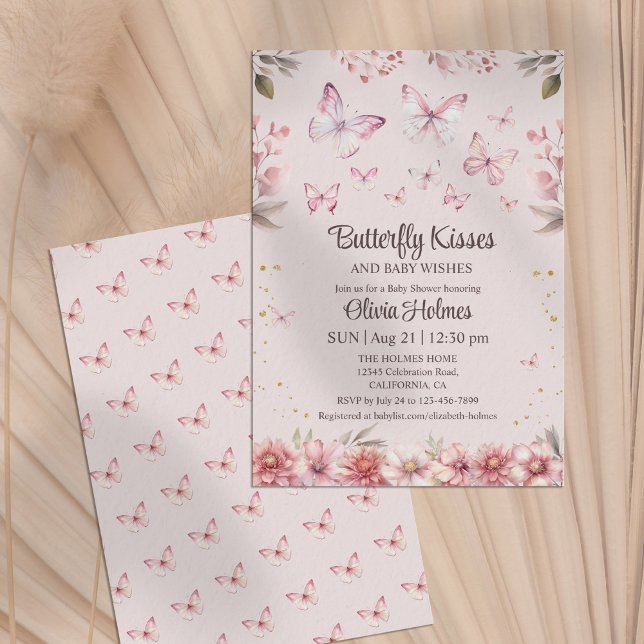 Papillon rose Baisers Bébé Fille Douche Invitation (Pink Butterfly Kisses Baby Girl Shower Invitation)