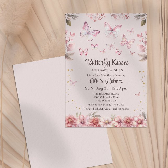 Papillon rose Baisers Bébé Fille Douche Invitation (Pink Butterfly Kisses Baby Girl Shower Invitation)