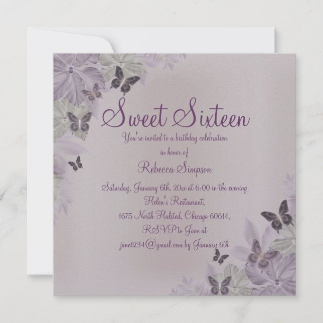Papillon rose et violet Shimmer doux 16 Invitation (Devant)