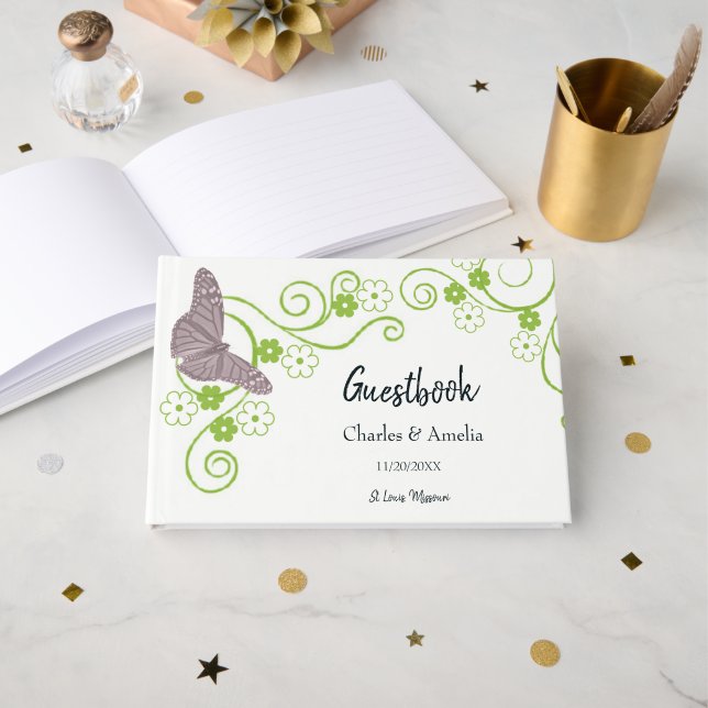 Papillon rose Floral de mariage Jour Livre d'or (Recto ouvert)