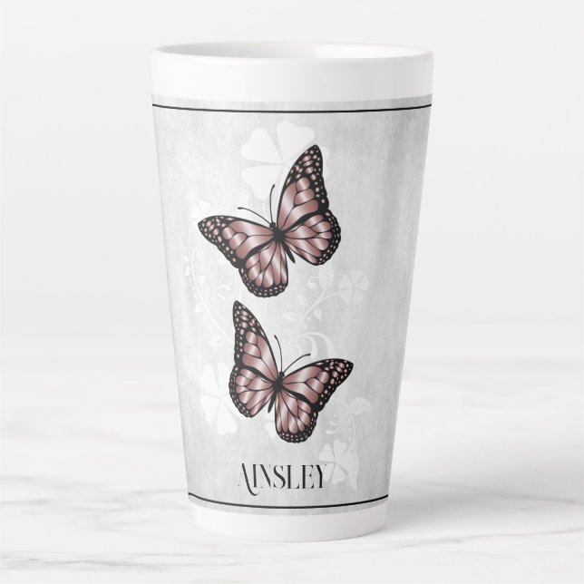 Papillon rose Floral Latte Mug personnalisé (Devant)