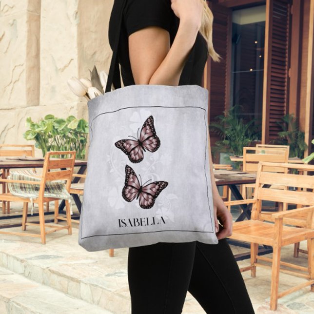 Papillon rose Floral Sac fourre-tout personnalisé (Pink Butterfly Floral Personalized Tote Bag)
