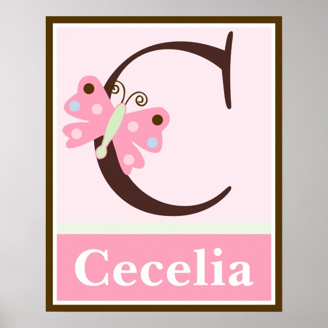 Papillon rose Lettre & Nom Poster d'Art Mur (Devant)