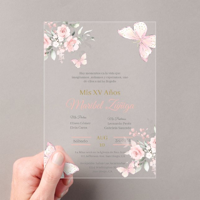Papillon rose pâle Quinceanera invitation (In situ (ordinateur de poche))