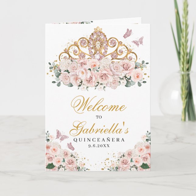 Papillon rose pâle Tiara Quinceanera Programme (Devant)