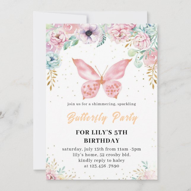 Papillon rose parties scintillant invitation Anniv (Devant)
