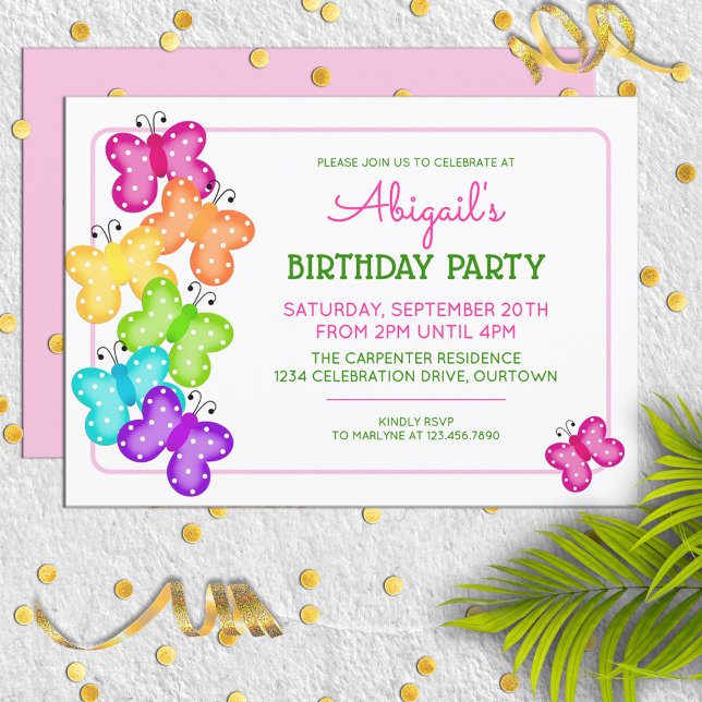 Papillon rose Polkadot Invitation d'anniversaire (Créateur téléchargé)