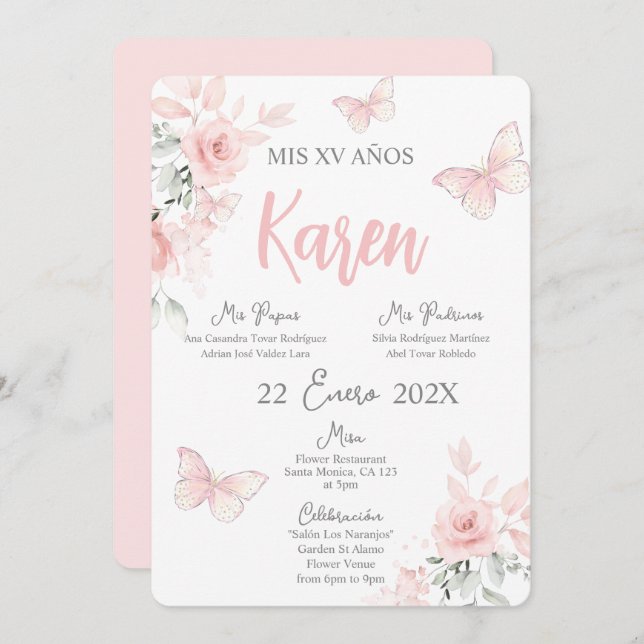 Papillon rose Quinceañera Invitation espagnole (Devant / Derrière)