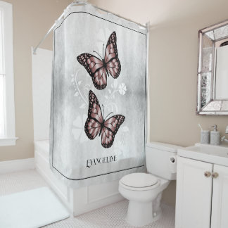 Papillon rose rideau de douche fleurie